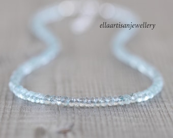 Aquamarine Beaded Necklace in Sterling Silver, Gold or Rose Gold Filled, Dainty Light Blue Gemstone Choker, Long Delicate Necklace for Women
