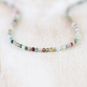 Indian Agate Delicate Beaded Necklace in Sterling Silver, Gold or Rose Gold Filled, Custom Length Gemstone Choker or Long Layering Necklace