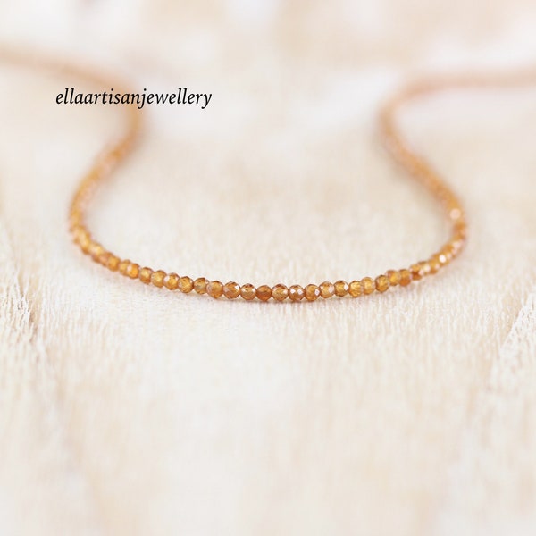 Citrine Delicate Beaded Necklace in Sterling Silver, Gold or Rose Gold Filled, Dainty Tiny Gemstone Choker, Long Layering Necklace for Women