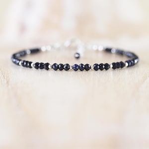 Natural Sapphire Dainty Bracelet in Sterling Silver, Gold or Rose Gold Filled, Delicate Navy Blue Gemstone Stack Bracelet, 3mm Faceted Beads