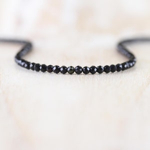 Black Tourmaline Beaded Necklace in Sterling Silver, Gold or Rose Gold Filled, Dainty Gemstone Choker, Long Boho Layering Necklace for Women
