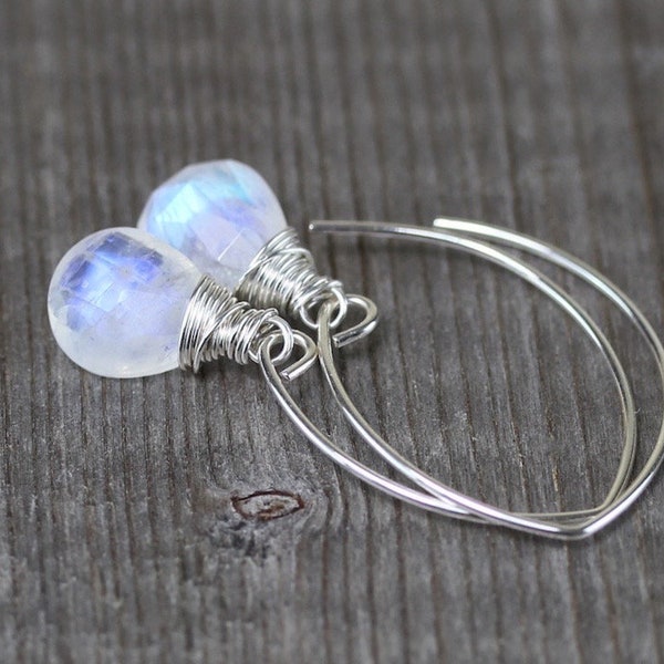 Rainbow Moonstone & Sterling Silver Earrings, AAA Blue Flash Semi Precious Gemstone Long Dangle Earrings, Wire Wrapped Jewelry for Women