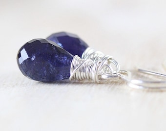 Iolite Teardrop Earrings Wire Wrapped in Sterling Silver, Gold or Rose Gold Filled, Water Sapphire Blue Gemstone, Natural Crystal Jewelry