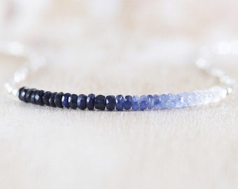 Sapphire, Sterling & Fine Silver Necklace, Dainty Ombre Blue Gemstone Choker, Delicate Karen Hill Tribe Silver Tiny Beaded Jewelry for Women