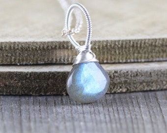 Labradorite & Sterling Silver Pendant, Iridescent Blue Flash Gemstone Wire Wrapped Necklace Charm, Fine Artisan Jewelry