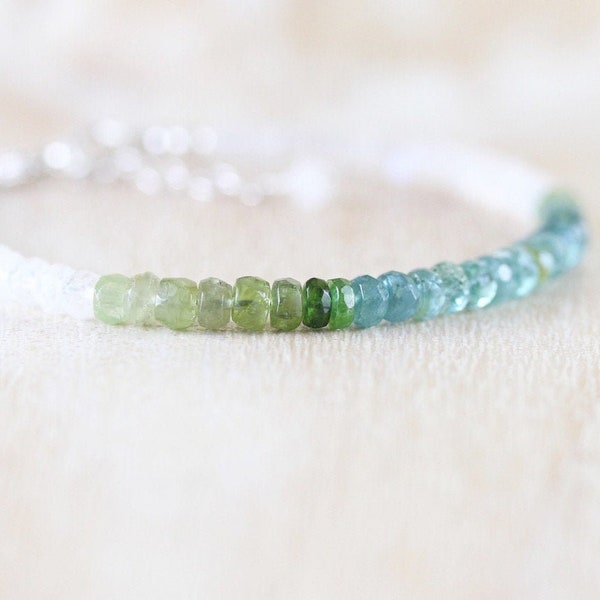 Indicolite Blue, Green Tourmaline & Rainbow Moonstone Bracelet in Sterling Silver, Gold or Rose Gold Filled, Dainty Ombre Gemstone Jewelry