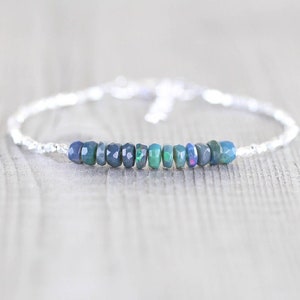 Ethiopian Black Welo Opal, Sterling & Fine Silver Bracelet, Dainty Karen Hill Tribe Silver Tiny Beaded Stacking Bracelet, Jewelry for Women