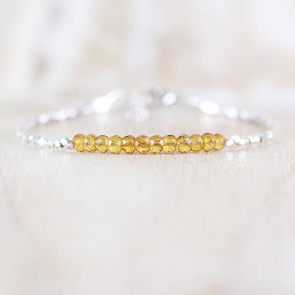 Citrine, Sterling & Fine Silver Bracelet, Delicate Crystal Stacking Bracelet, Karen Hill Tribe Thai Silver Jewelry, November Birthstone Gift