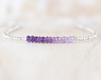 Ombre Amethyst, Seed Bead & Sterling Silver Necklace, AAA Dainty Purple Gemstone Choker, Delicate Tiny Beaded Layering Jewelry for Women