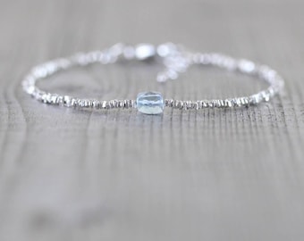 Sky Blue Topaz, Sterling & Fine Silver Bracelet, AAA Gemstone Faceted Cube with Dainty Karen Hill Tribe Silver Heishi Square Beads