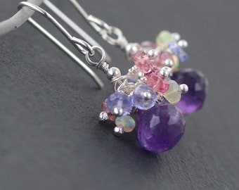 Amethyst & Sterling Silver Cluster Earrings, Ethiopian Welo Opal, Tanzanite, Pink Tourmaline, Multi Color Gemstone Drop Earrings for Women