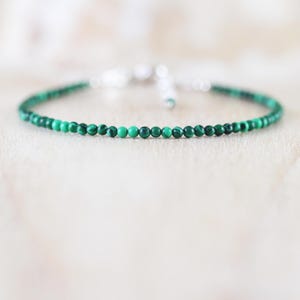 Malachite Dainty Bracelet in Sterling Silver, Gold or Rose Gold Filled, Delicate Semi Precious Gemstone 2 to 2.2mm Smooth Round Beads