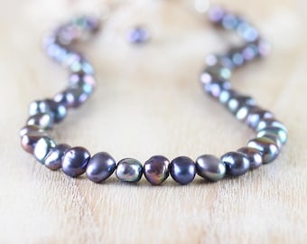 Peacock Black Baroque Pearl Necklace in Sterling Silver, Gold or Rose Gold Filled, Freshwater Nugget Pearl Choker, Long Beaded Boho Necklace