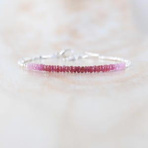Shaded Ruby & Sterling Silver Bracelet with Karen Hill Tribe Silver Faceted Beads, Dainty 3mm Natural Gemstone, Ombre Red and Pink Sapphire