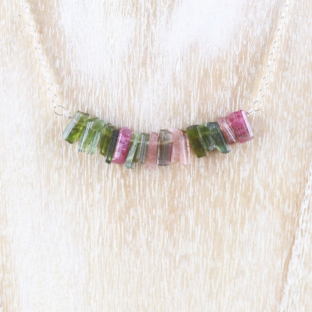 Raw Watermelon Tourmaline Bar Necklace in Sterling Silver, 14kt Gold or