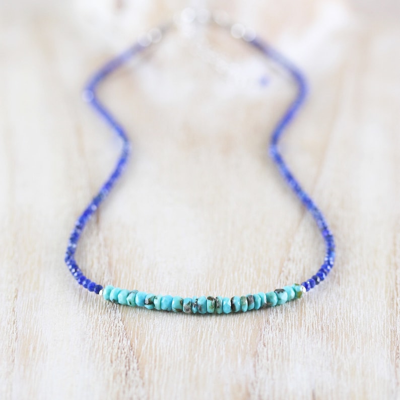 Dainty Blue Gemstone Beaded Choker for Women Rose Gold Filled Arizona Sleeping Beauty Turquoise /& Lapis Lazuli Necklace Sterling Silver