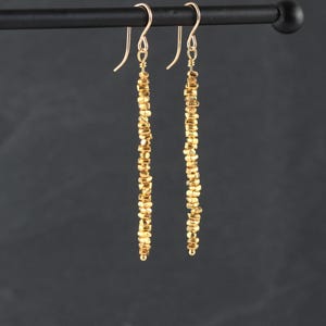 Gold Filled Long Dangle Earrings, Gold Vermeil Square Heishi Bead Stack on Hook or Lever Back Ear Wire, Thin Light Weight Statement Earrings