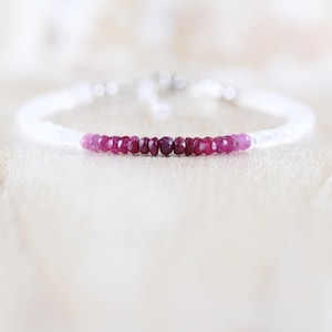 Ruby & Rainbow Moonstone Dainty Bracelet in Sterling Silver, Gold or Rose Gold Filled, Delicate Ombre Gemstone 3 to 3.5mm Faceted Beads