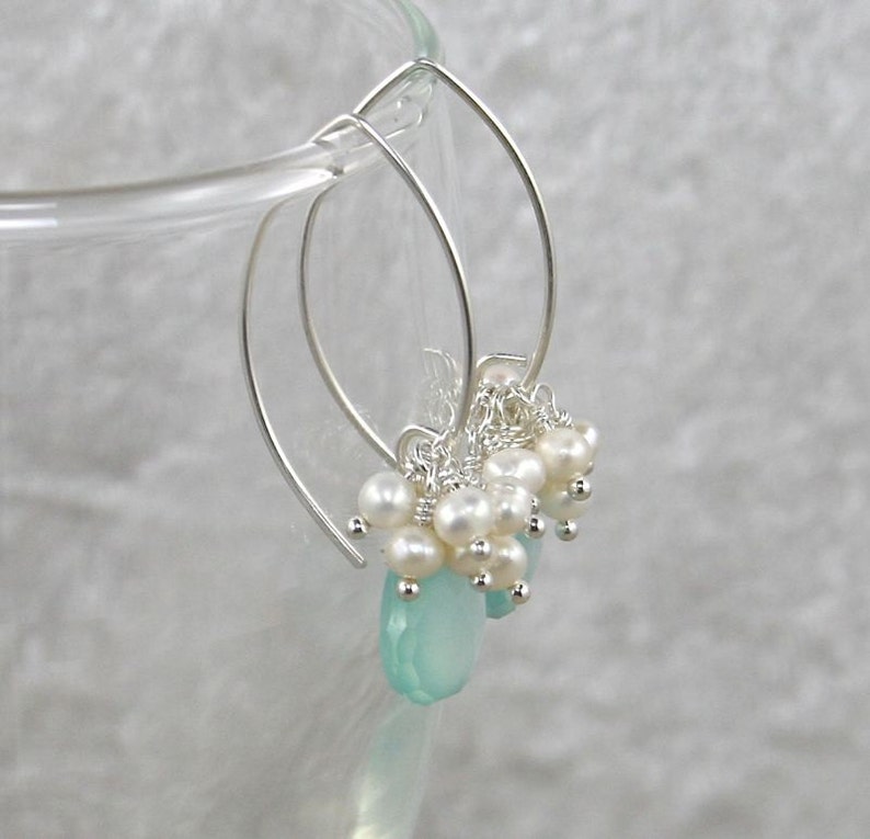 Aqua Chalcedony, Freshwater Pearl & Sterling Silver Cluster Earrings on Hook, Lever Back or Long Marquise Ear Wires, Boho Jewelry for Women image 2