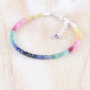 Bracciale con zaffiri, smeraldi e rubini in argento sterling, riempito in oro giallo o rosa, bracciale con pietre preziose multicolori e perle sfaccettate da 3 mm