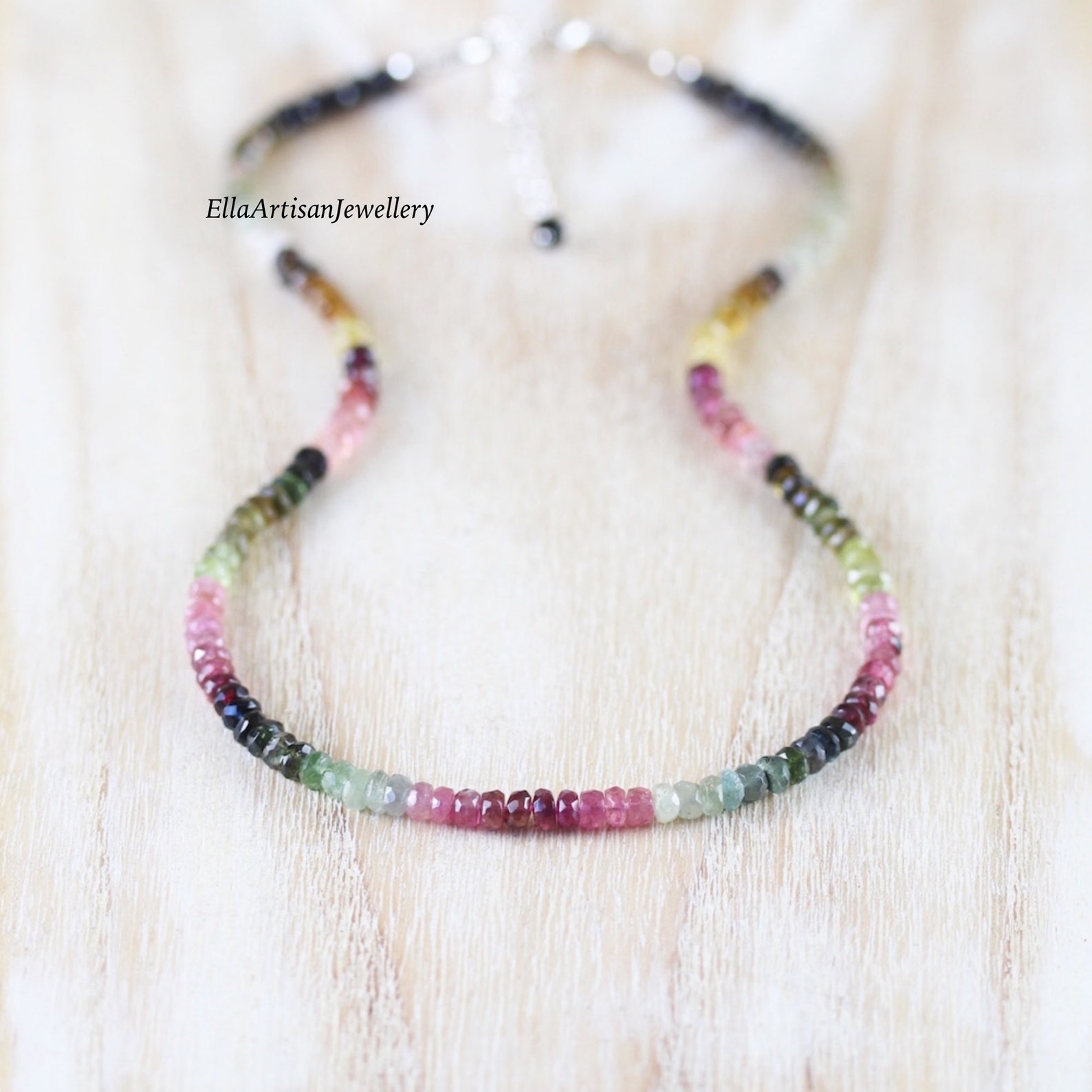 Multi Color Watermelon Tourmaline Beaded Necklace, 18 inch Sterling Silver 22k Gold Plated