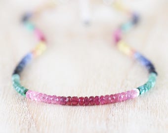 Multi Color Sapphire, Ruby & Emerald Beaded Necklace in Sterling Silver, Gold or Rose Gold Filled, Dainty Precious Gemstone Choker for Women