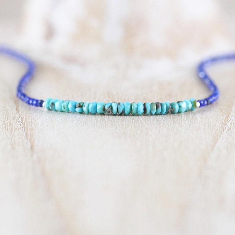 Dainty Blue Gemstone Beaded Choker for Women Rose Gold Filled Arizona Sleeping Beauty Turquoise /& Lapis Lazuli Necklace Sterling Silver