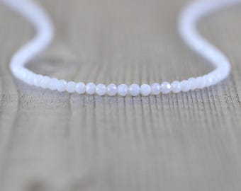 Blue Lace Agate Beaded Necklace in Sterling Silver, Gold or Rose Gold Filled, Dainty Gemstone Choker, Long Layering Necklace for Women