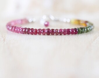 Watermelon Tourmaline Beaded Bracelet in Sterling Silver, Rose or Gold Filled. Dainty Pink Gemstone Stacking Bracelet. Boho Layering Jewelry