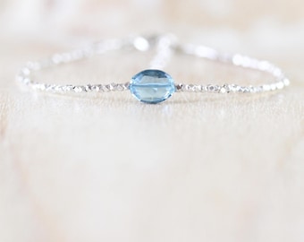 London Blue Topaz, Sterling & Fine Silver Bracelet, Dainty Gemstone Stacking Bracelet with Tiny Karen Hill Tribe Silver Faceted Beads