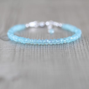 Aqua Chalcedony Dainty Bracelet in Sterling Silver, Gold or Rose Gold Filled, 3.5mm Faceted Gemstone Stacking Bracelet