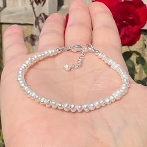 Natural White Freshwater Seed Pearl Bracelet in Sterling Silver, Gold or Rose Gold Filled, Dainty 3mm Genuine Pearls