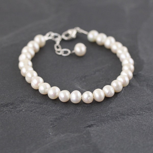 Freshwater Pearl Beaded Bracelet in Sterling Silver, Gold or Rose Gold Filled, Natural White Round AAA Pearl Bracelet for Women