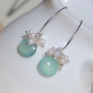 Aqua Chalcedony, Freshwater Pearl & Sterling Silver Cluster Earrings on Hook, Lever Back or Long Marquise Ear Wires, Boho Jewelry for Women image 1