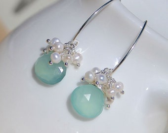 Aqua Chalcedony, Freshwater Pearl & Sterling Silver Cluster Earrings on Hook, Lever Back or Long Marquise Ear Wires, Boho Jewelry for Women