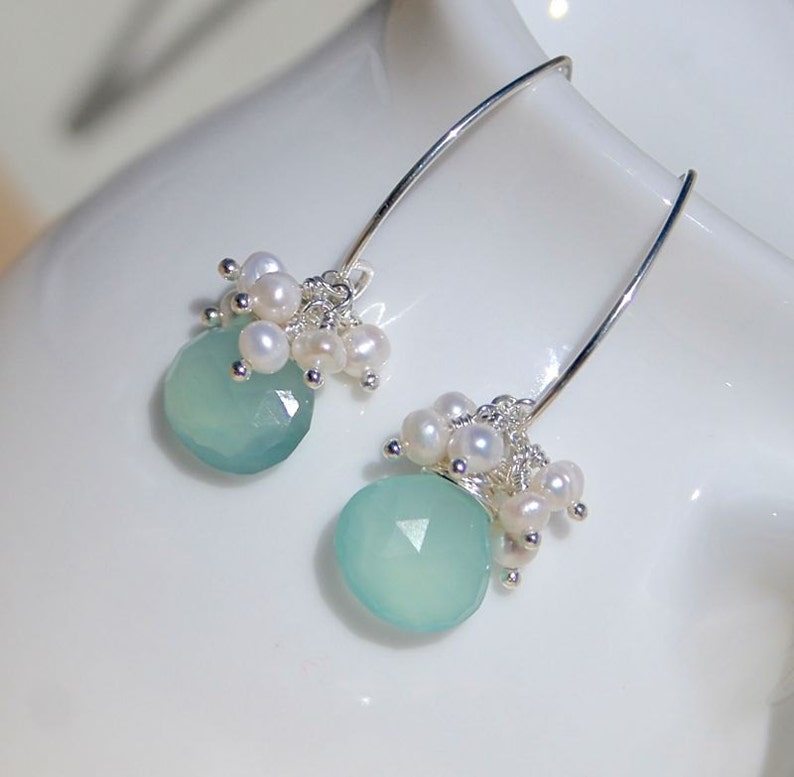 Aqua Chalcedony, Freshwater Pearl & Sterling Silver Cluster Earrings on Hook, Lever Back or Long Marquise Ear Wires, Boho Jewelry for Women image 1