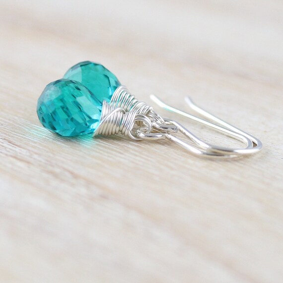 Apatite Quartz Sterling Silver Earrings, Dainty Teal Green