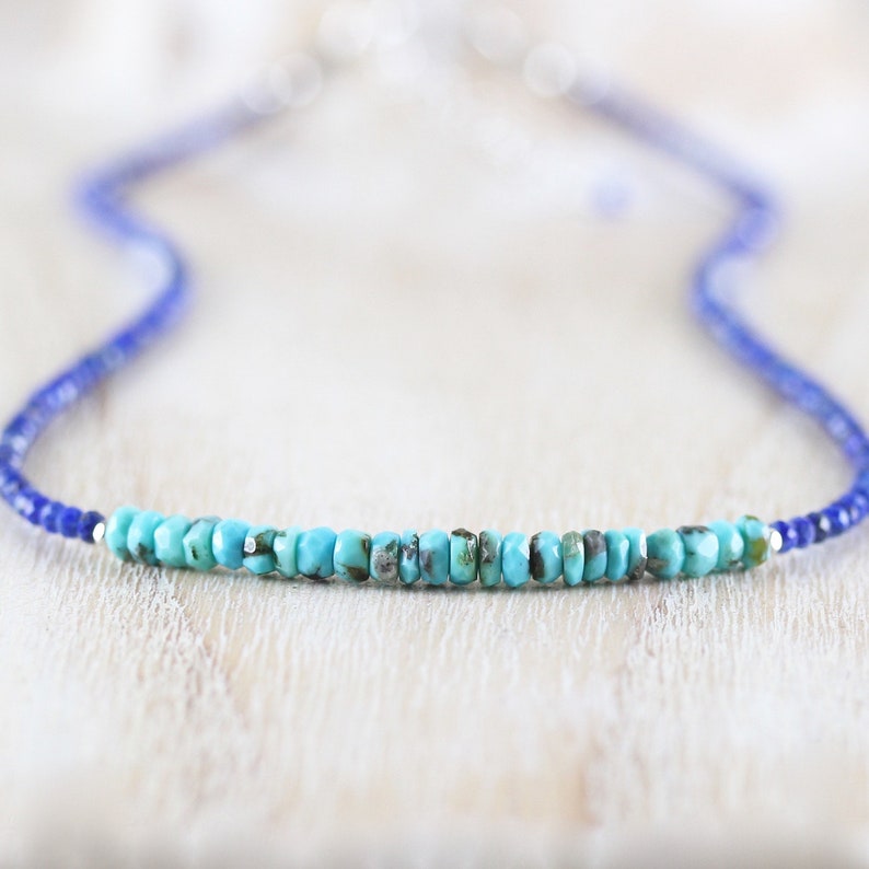 Dainty Blue Gemstone Beaded Choker for Women Rose Gold Filled Arizona Sleeping Beauty Turquoise /& Lapis Lazuli Necklace Sterling Silver