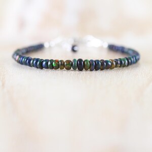 Ethiopian Black Welo Opal Bracelet in Sterling Silver, Gold or Rose Gold Filled, Dainty Gemstone Stacking Bracelet with 3 to 4mm Beads