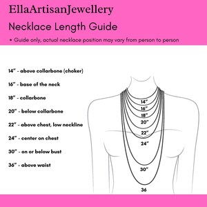 The image is a guide for necklace length, providing measurements for different necklace positions on a person's body.