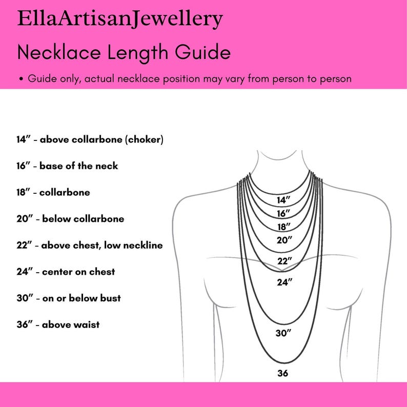 The image is a guide for necklace length, providing measurements for different necklace positions on a person's body.