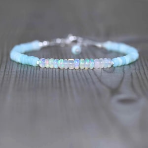 Ethiopian Welo & Peruvian Blue Opal Bracelet in Sterling Silver, Gold or Rose Gold Filled, Dainty Gemstone Boho Bracelet, 3.5 to 4mm Beads