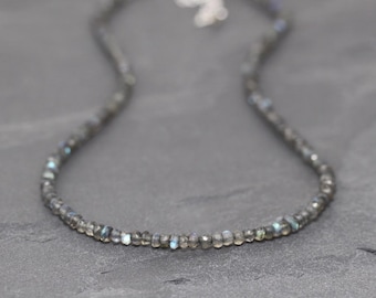Labradorite Beaded Necklace in Sterling Silver, Gold or Rose Gold Filled, Blue Flash Gemstone Choker, Long Layering Necklace for Women
