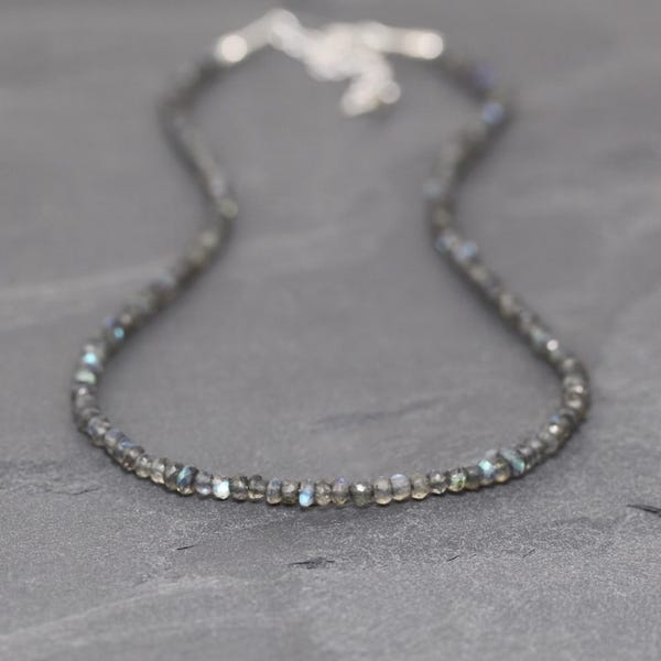 Labradorite Beaded Necklace in Sterling Silver, Gold or Rose Gold Filled, Blue Flash Gemstone Choker, Long Layering Necklace for Women