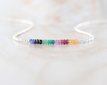 Blue & Yellow Sapphire, Ruby, Emerald Necklace with Sterling Silver Beads, Dainty Multi Color Ombre Gemstone Choker, Delicate Jewelry