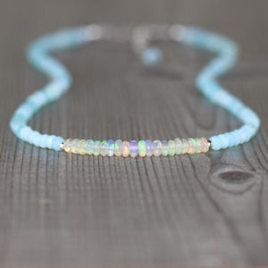 Collana con opale blu peruviano e welo etiope in argento sterling, oro o oro rosa riempito, delicato girocollo con perline, collana lunga per donna