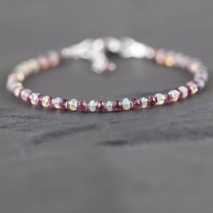 Garnet & Ethiopian Welo Opal Delicate Beaded Bracelet in Sterling Silver, Gold or Rose Gold Filled, Dainty Gemstone Jewelry for Women