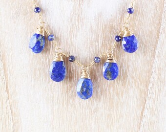 Lapis Lazuli & 14Kt Gold Filled Bib Necklace, Cobalt Blue Semi Precious Gemstone, Wire Wrapped Artisan Jewelry for Women, Girls Gift for Her