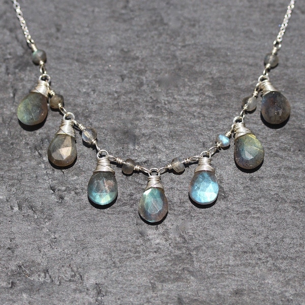 Labradorite Wire Wrapped Bib Necklace in Sterling Silver, Gold or Rose Gold Filled, AAA Blue Flash Gemstone Statement Necklace, Boho Jewelry