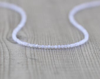 Blue Lace Agate Delicate Beaded Necklace in Sterling Silver, Gold or Rose Gold Filled, Dainty Tiny Gemstone Choker, Long Necklace for Women